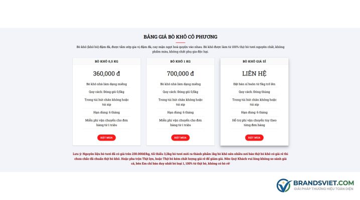 Section Bảng giá Theme WordPress bán bò khô