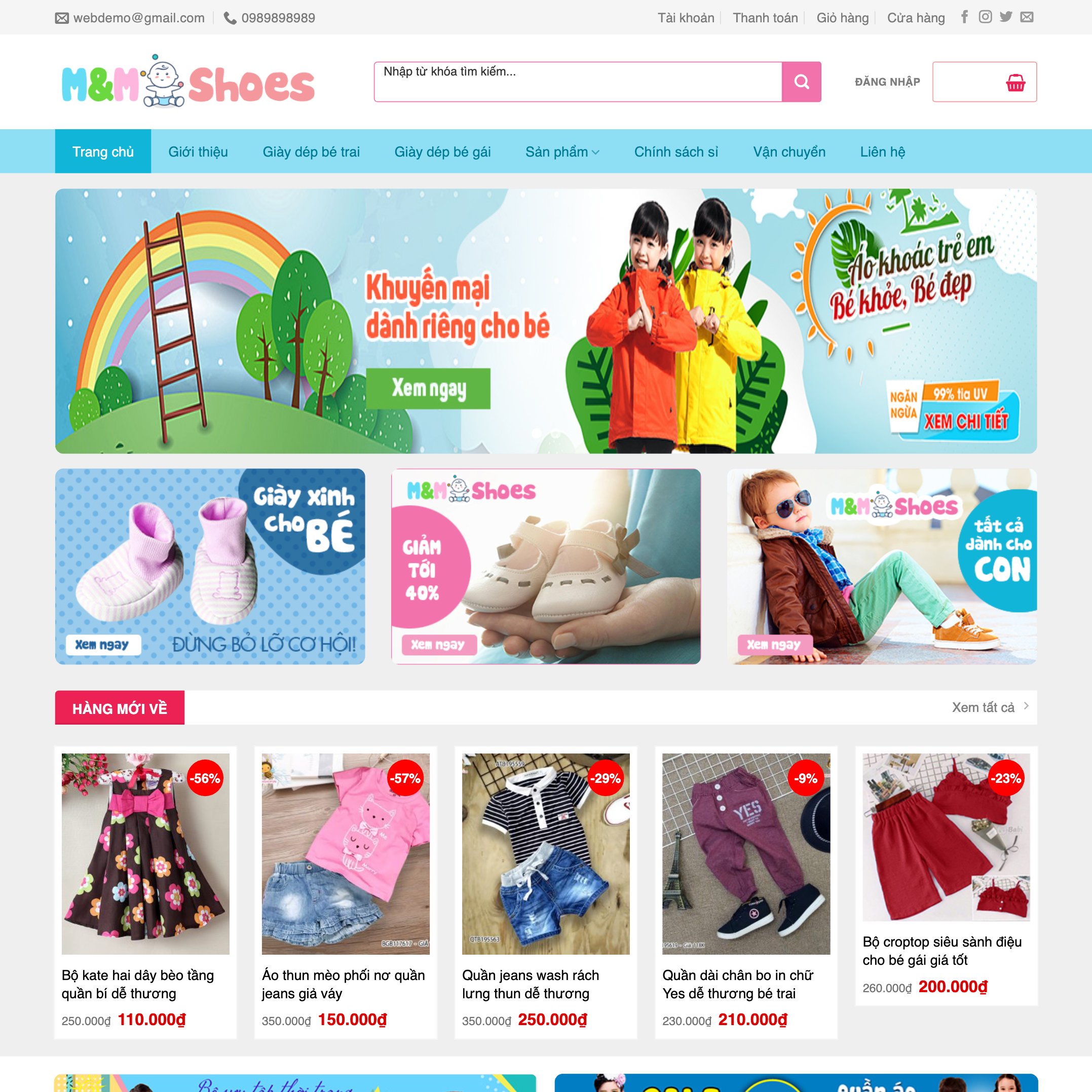 Giao diện trang chủ website theme baby shop M&M Shoes