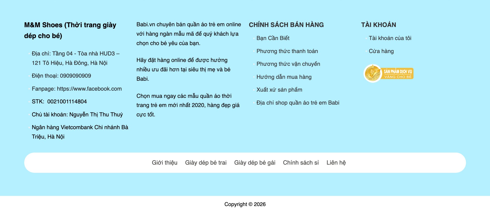 Chân trang theme baby shop với thông tin liên hệ và chính sách