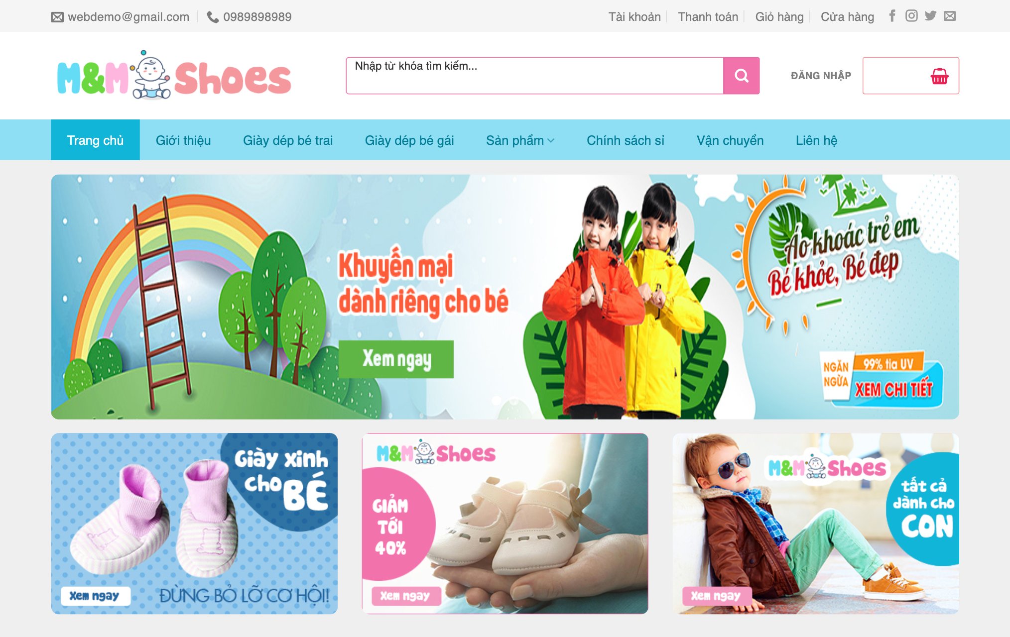 Giao diện trang chủ theme baby shop M&M Shoes