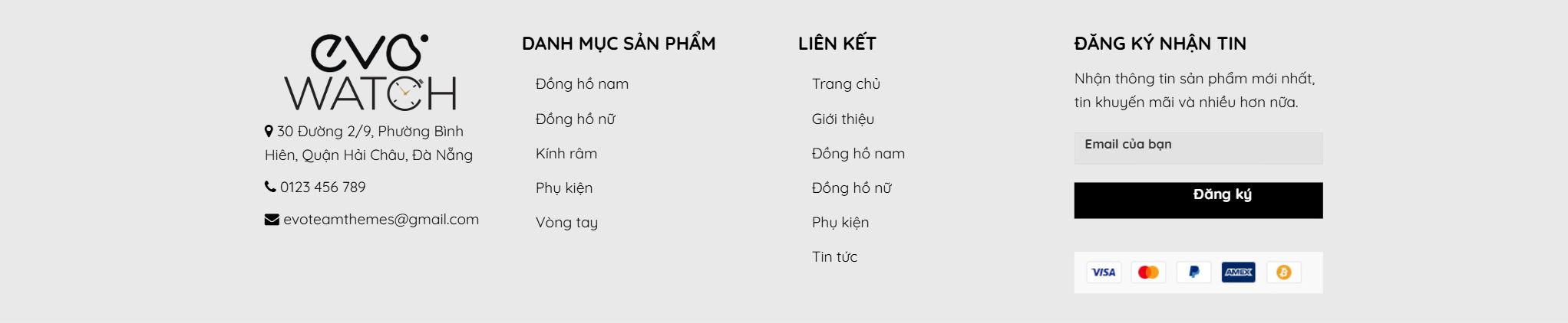 Theme bán đồng hồ - Chân trang của mẫu theme bán đồng hồ