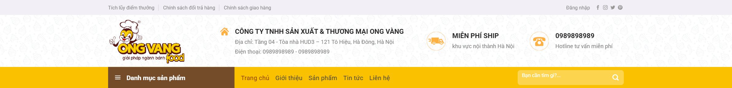Theme bán nguyên liệu làm bánh - Header với logo, hotline và menu danh mục của theme bán nguyên liệu làm bánh