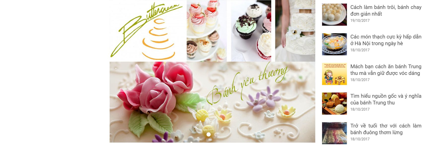 Theme bán nguyên liệu làm bánh - Slider trang chủ và cột tin tức của mẫu website bán nguyên liệu làm bánh