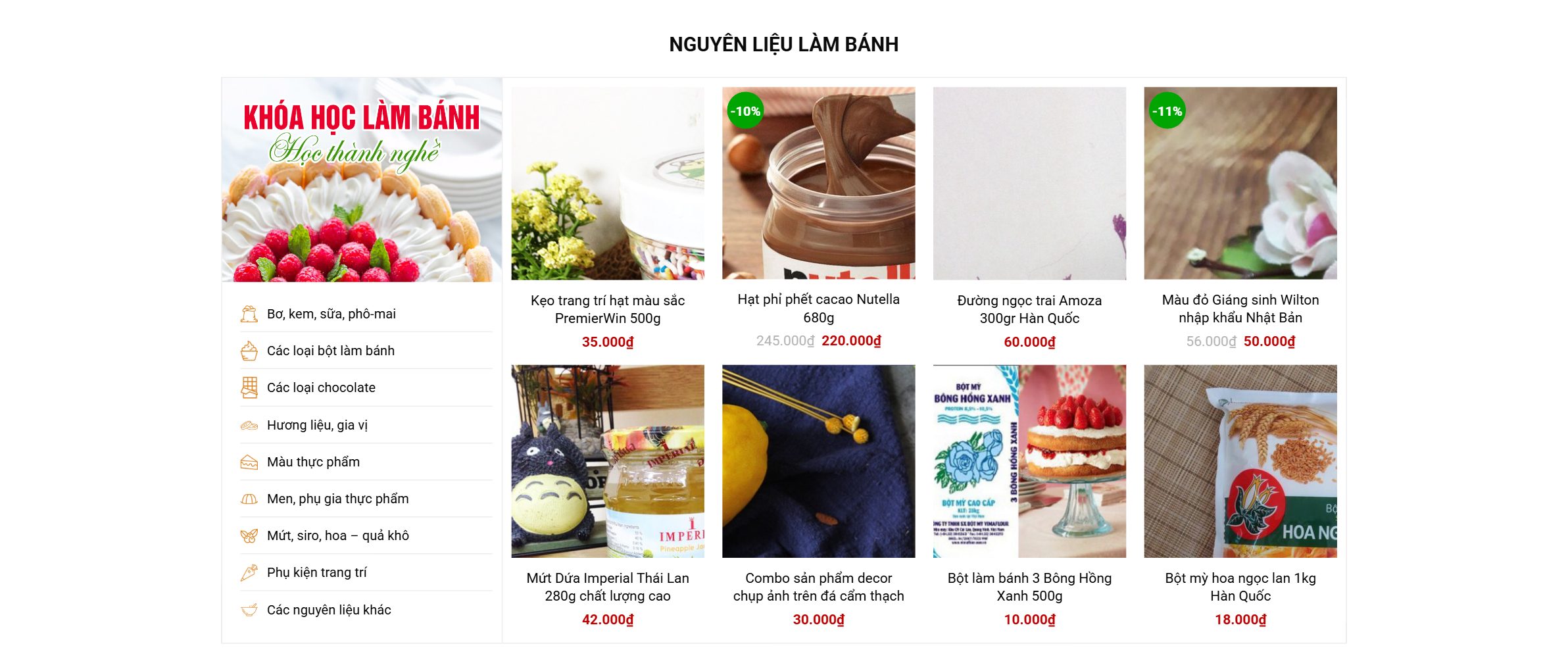 Theme bán nguyên liệu làm bánh - Khối nguyên liệu làm bánh với sidebar danh mục và lưới sản phẩm