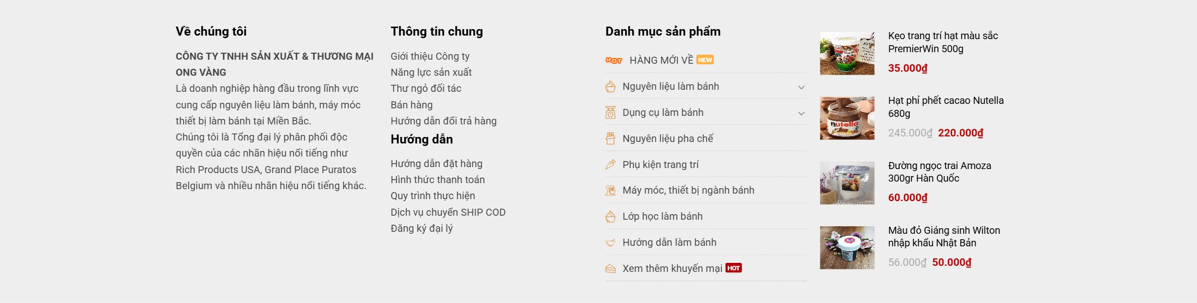 Theme bán nguyên liệu làm bánh - Chân trang với thông tin công ty và liên kết điều hướng