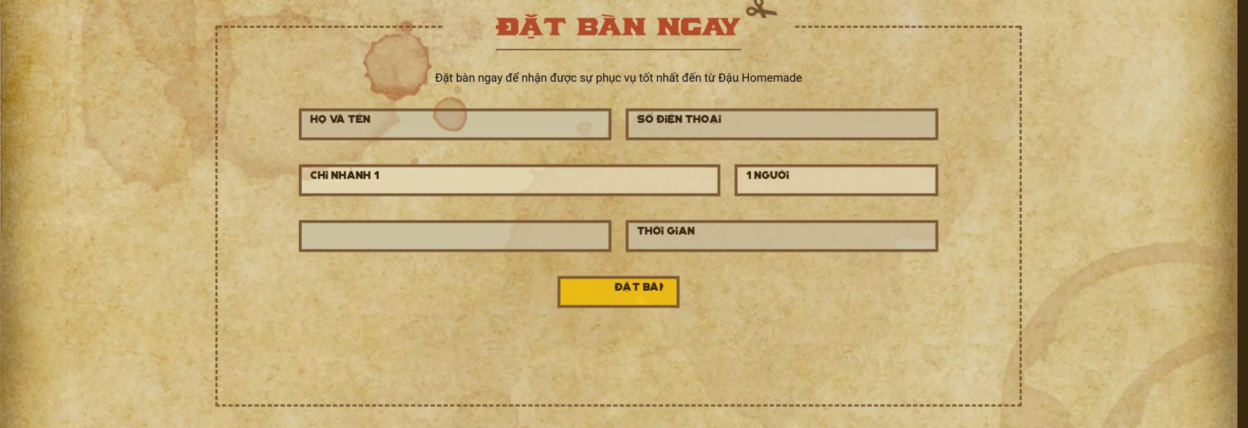 Form đặt bàn trên theme quán bún đậu mắm tôm