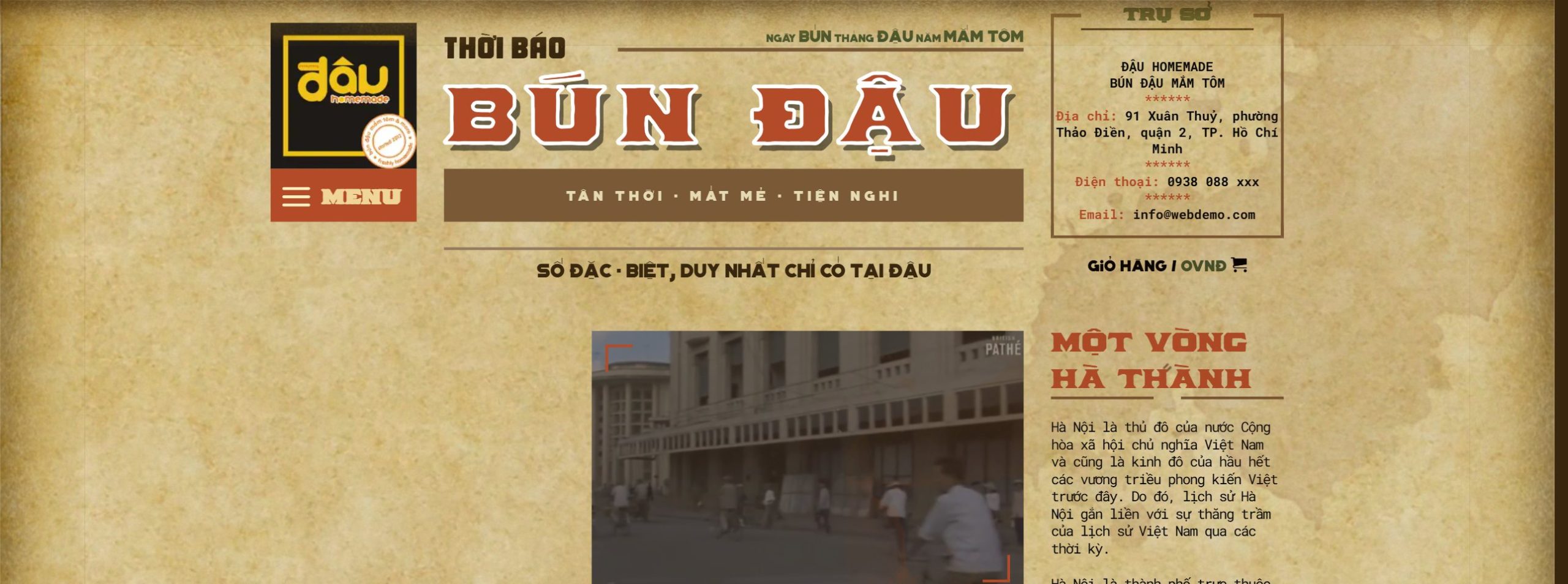 Giao diện trang chủ theme quán bún đậu mắm tôm