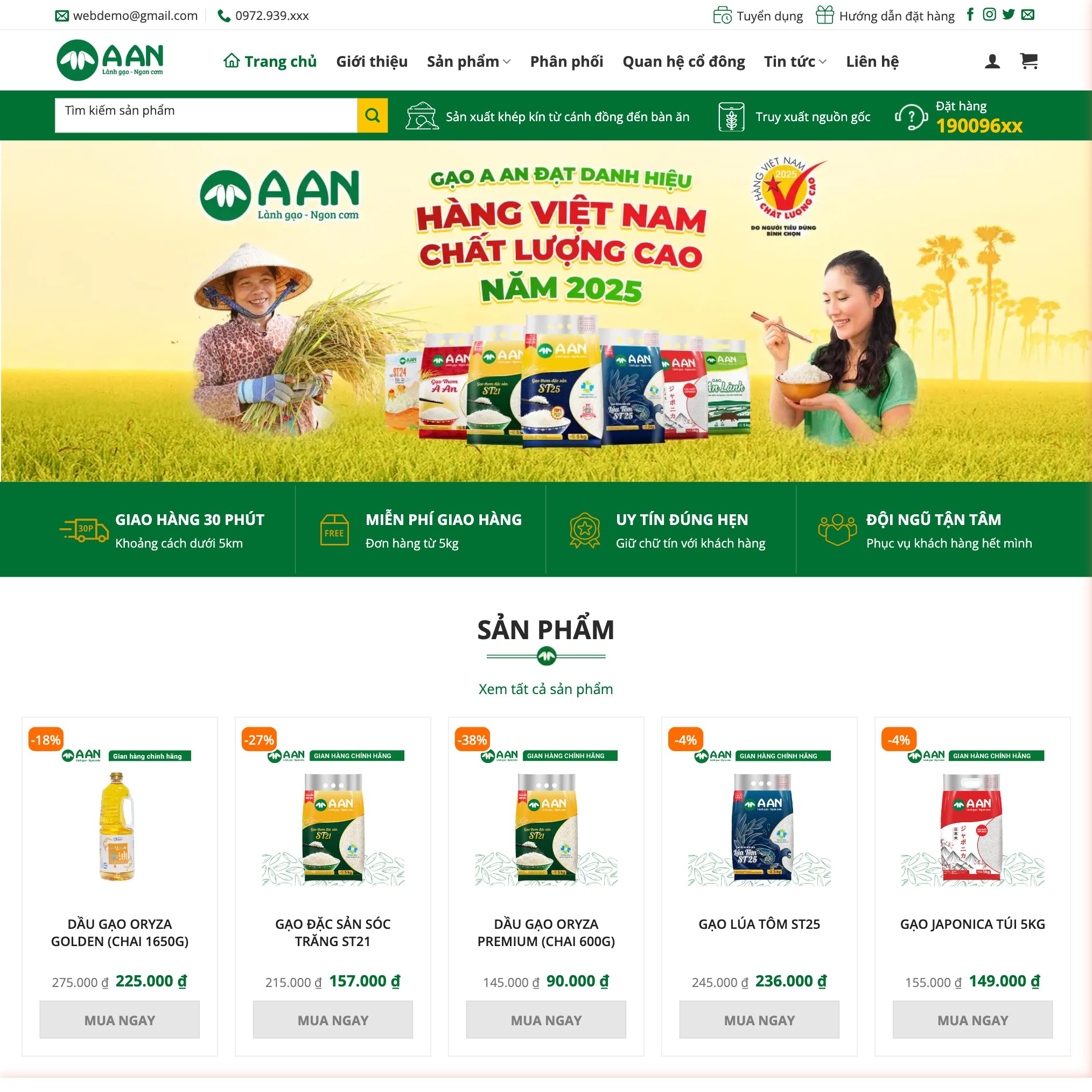 Giao diện thực tế website theme công ty bán gạo A An