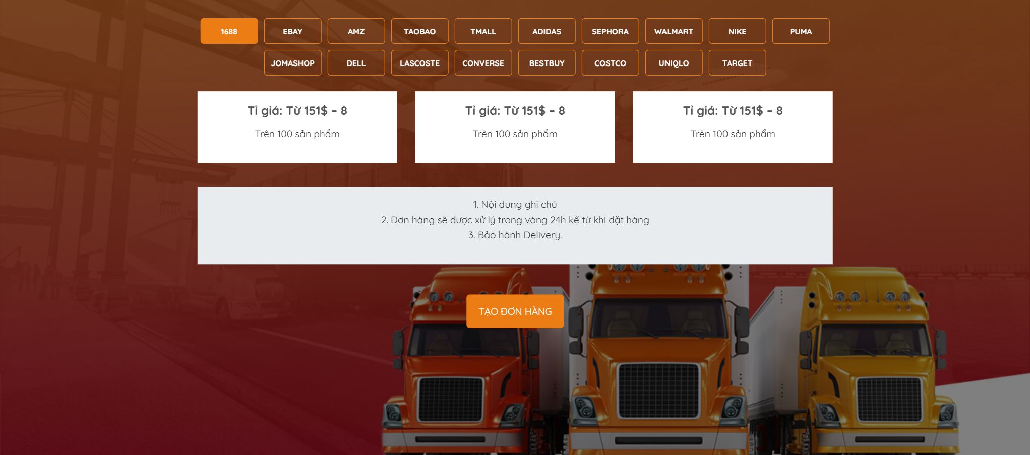 Theme dịch vụ order hàng - Hero với sàn đối tác và tạo đơn hàng của theme dịch vụ order hàng