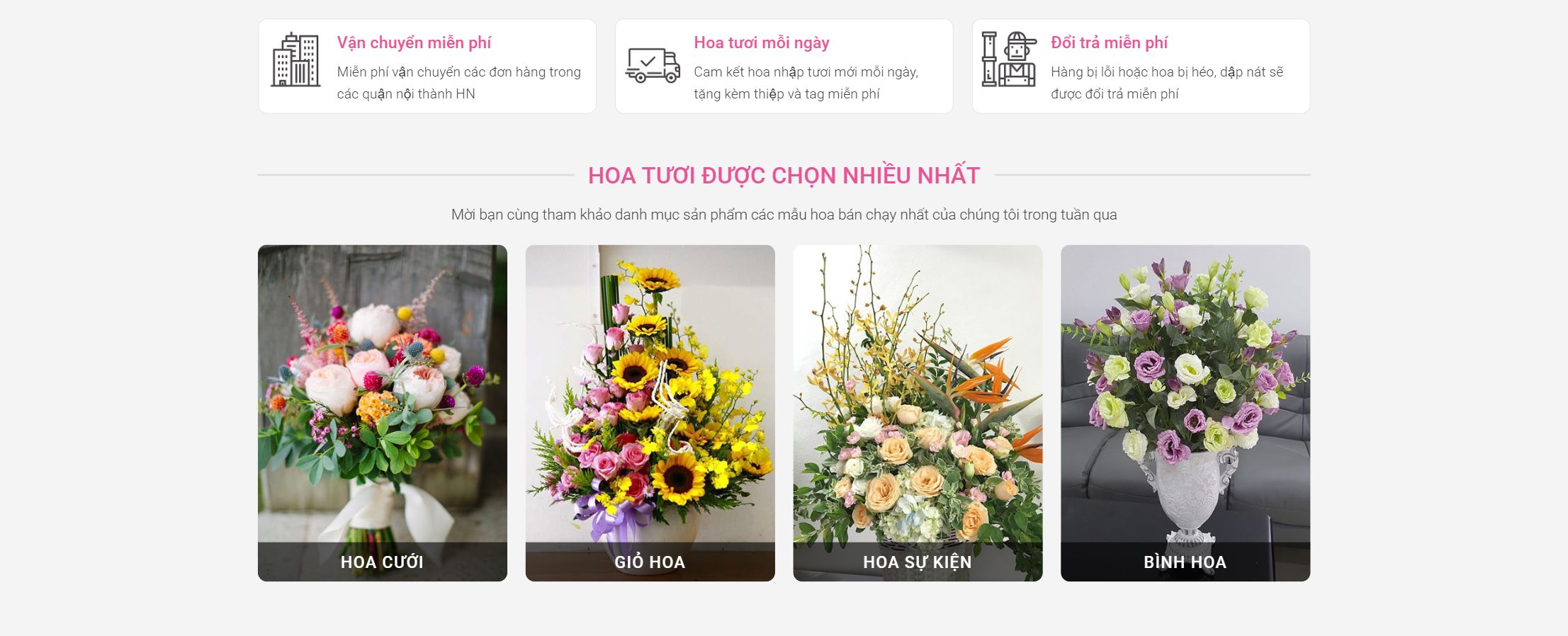 Theme điện hoa - Cam kết dịch vụ và khối hoa được chọn nhiều nhất
