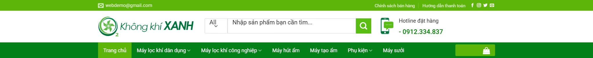Theme bán máy lọc không khí - Header và menu của theme bán máy lọc không khí