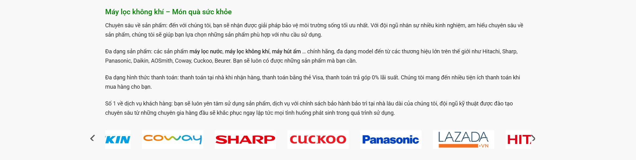 Theme bán máy lọc không khí - Khối giới thiệu và logo thương hiệu đối tác
