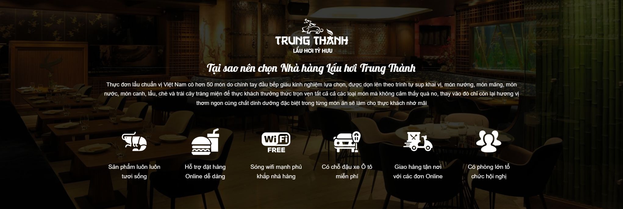 Theme nhà hàng - Khối giới thiệu và cam kết của theme nhà hàng