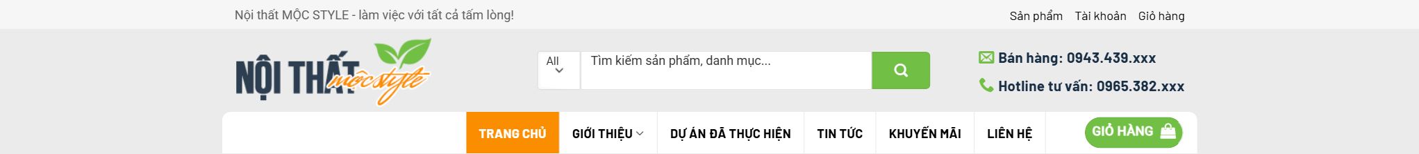 Theme bán nội thất - Header và menu của theme bán nội thất