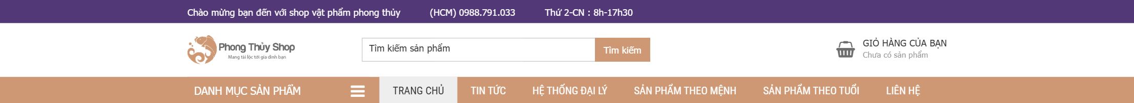 Theme shop đá phong thủy - Header và menu danh mục của theme shop đá phong thủy
