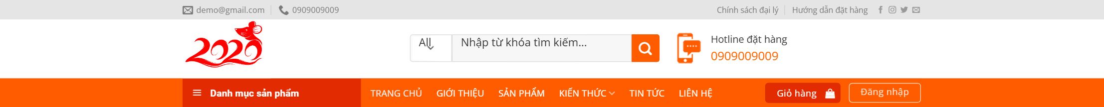 Theme bán đồ phong thủy - Header và menu danh mục của theme bán đồ phong thủy