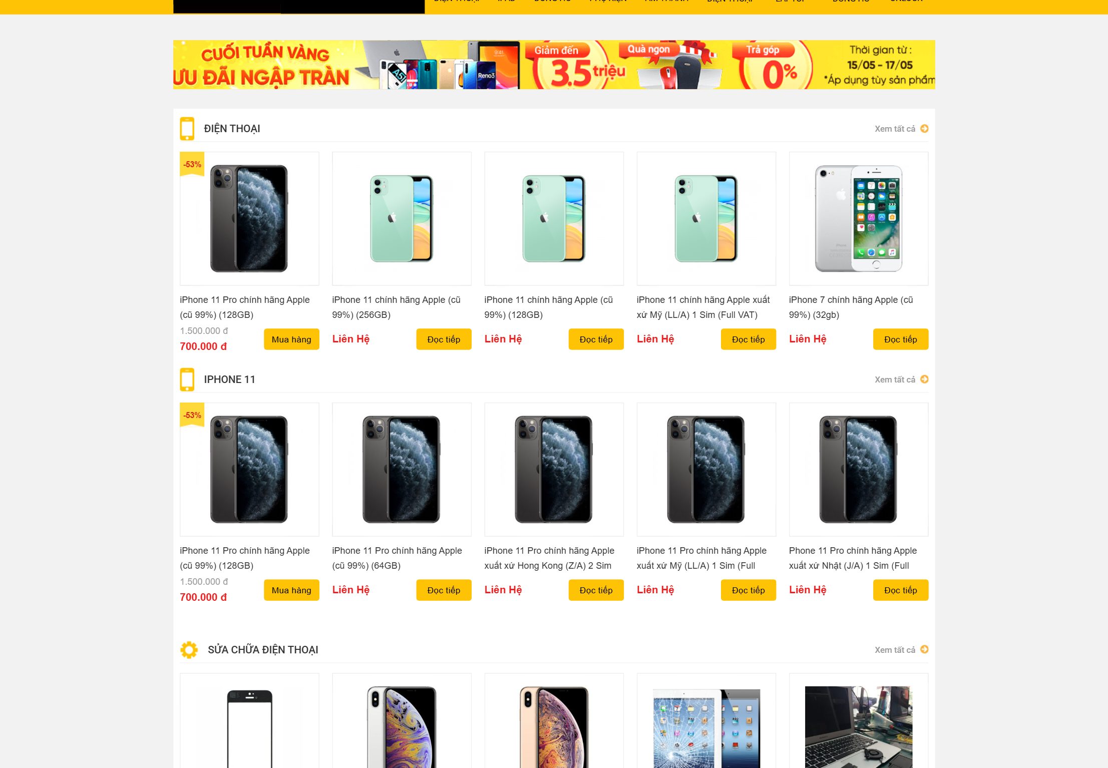 Gian hàng điện thoại trên theme website thế giới di động