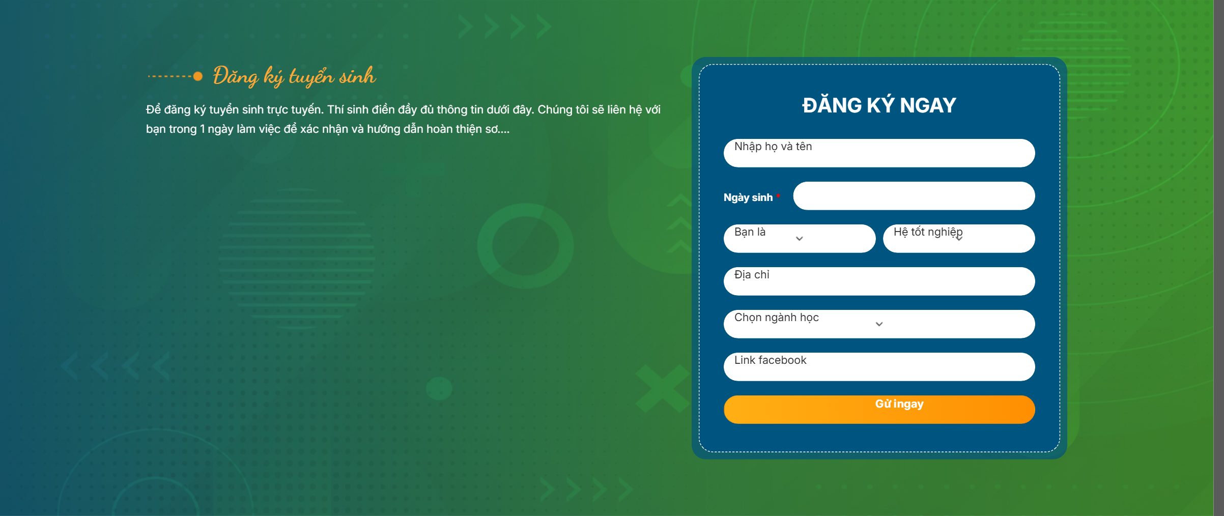 Form đăng ký tuyển sinh trên theme trường dạy nghề