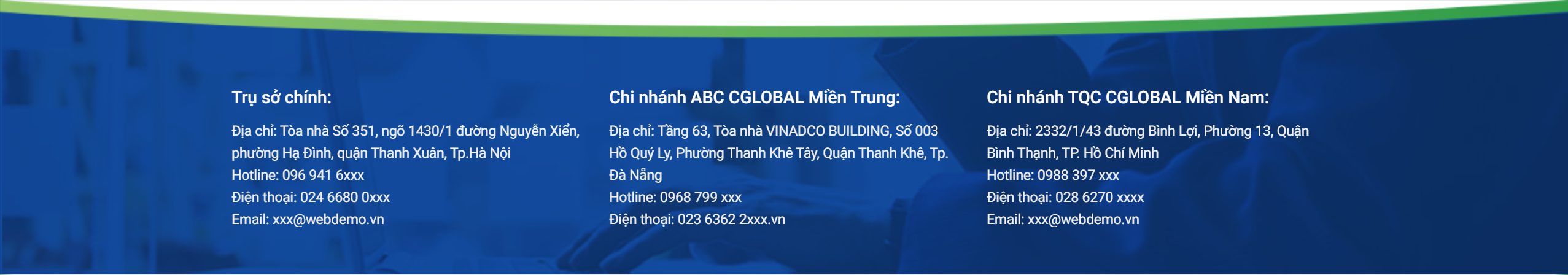 Chân trang liên hệ trên theme WordPress trung tâm chứng nhận và kiểm định