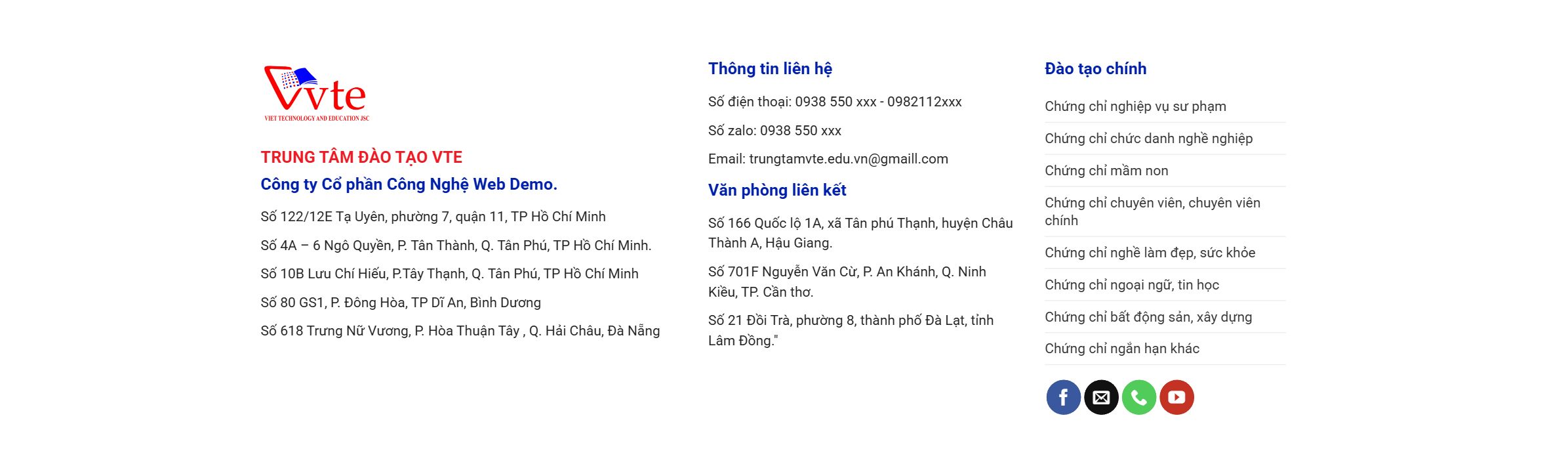 Khối thông tin liên hệ trên theme WordPress trường dạy nghề