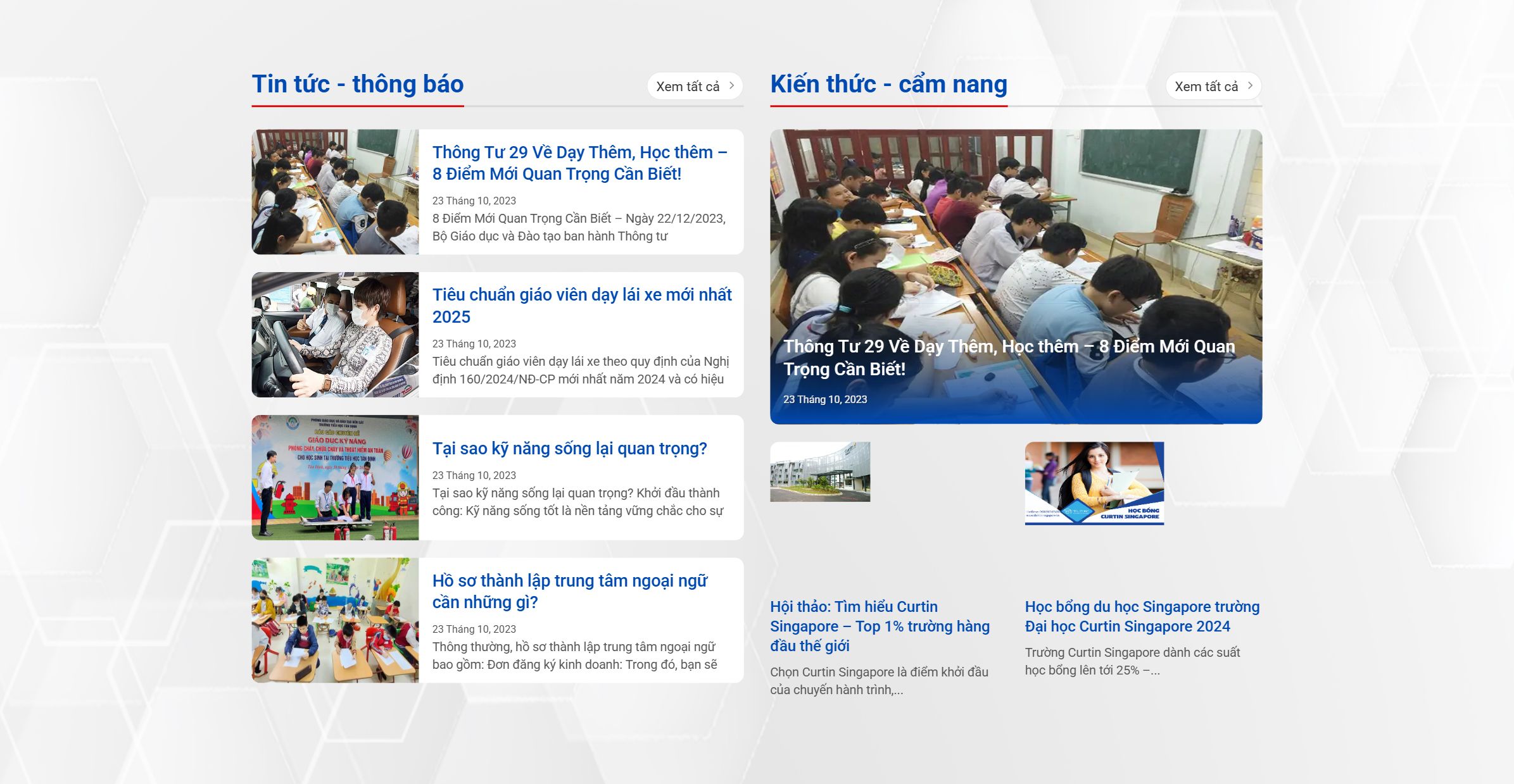 Khối tin tức thông báo trên theme WordPress trường dạy nghề