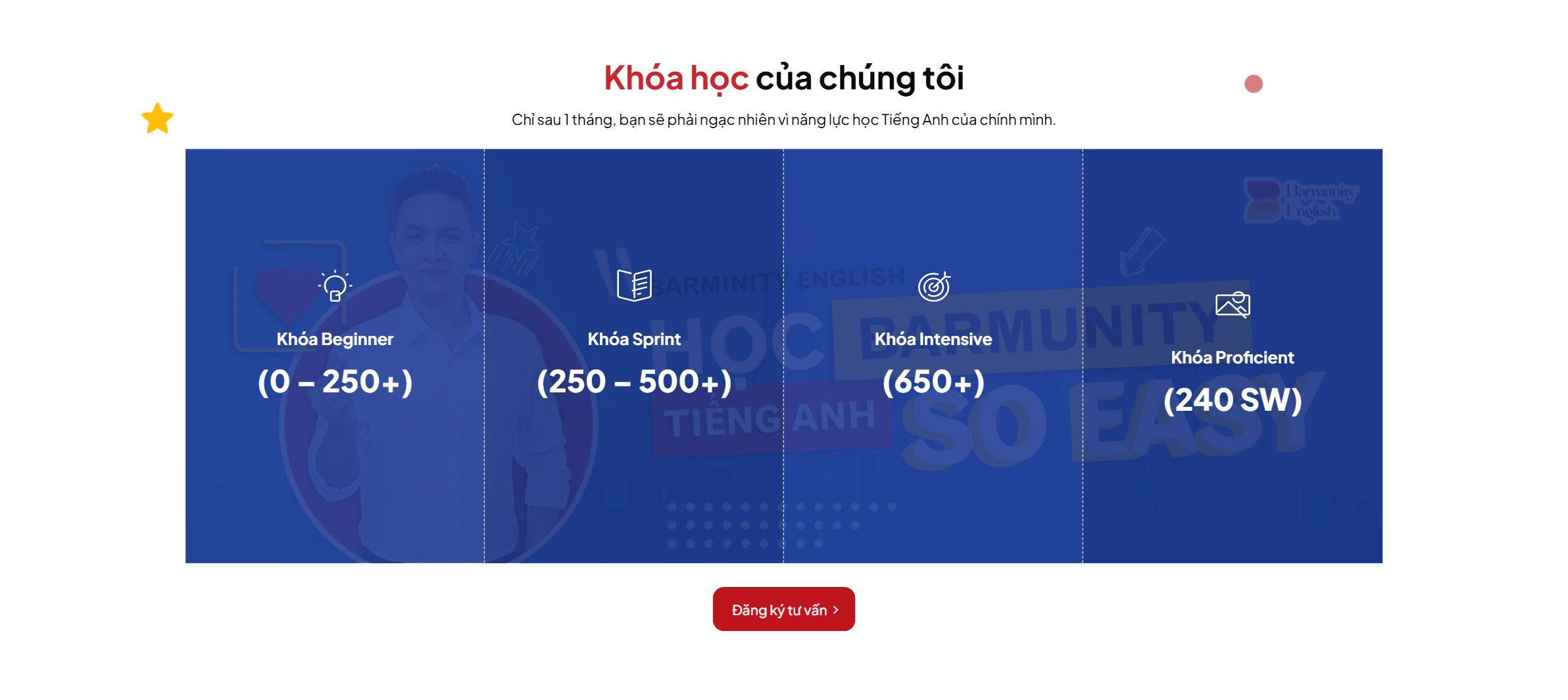 Khối khóa học trên theme WordPress trung tâm học tiếng Anh