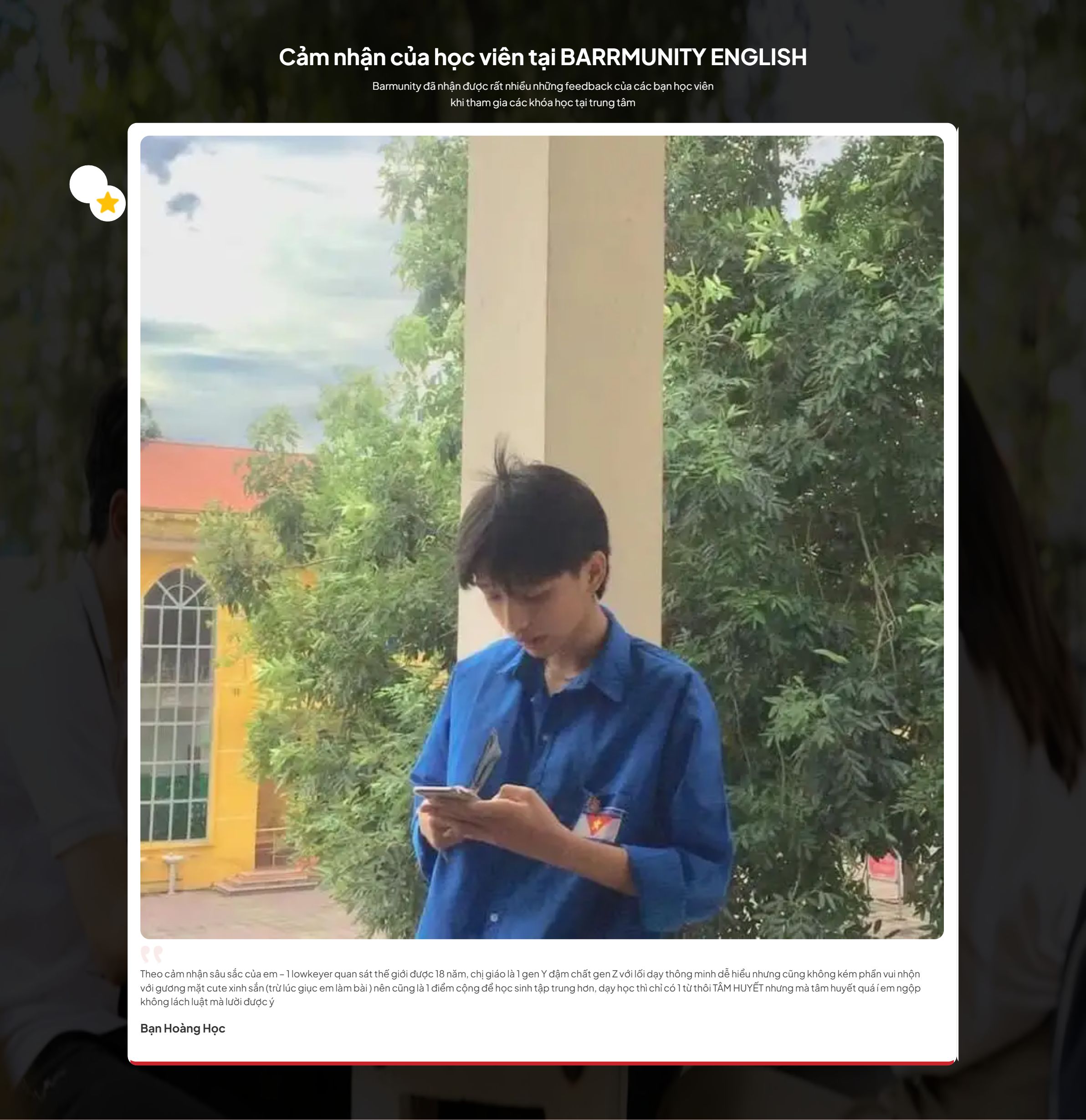 Khối cảm nhận học viên trên theme WordPress trung tâm học tiếng Anh