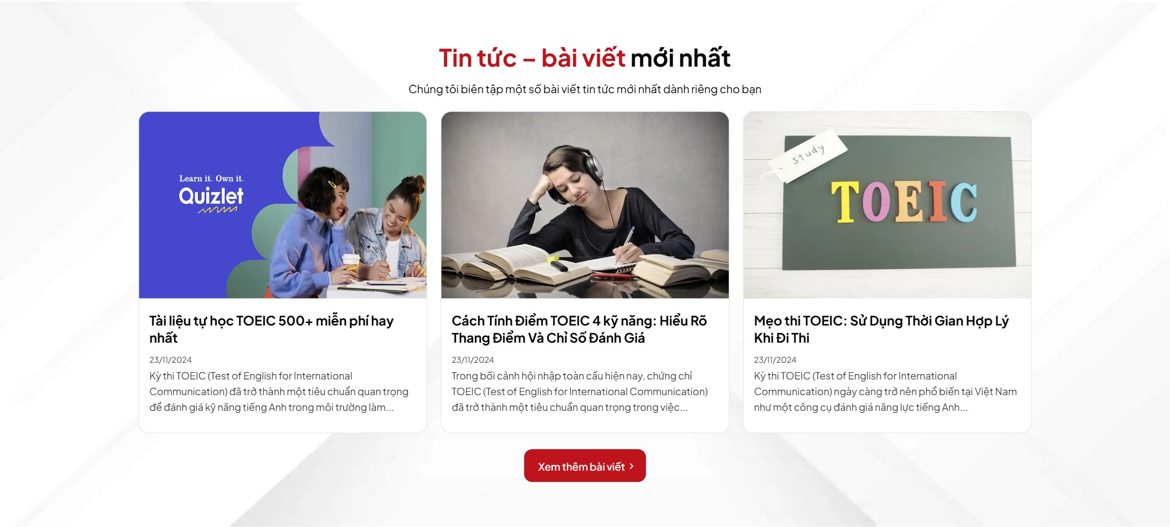 Khối tin tức bài viết trên theme WordPress trung tâm học tiếng Anh