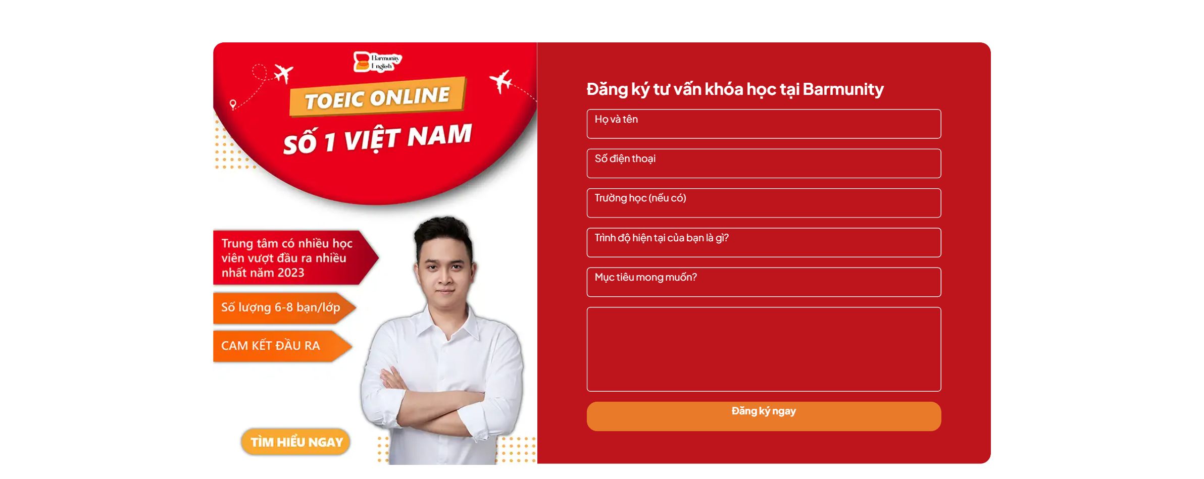 Khối đăng ký tư vấn khóa học trên theme WordPress trung tâm học tiếng Anh