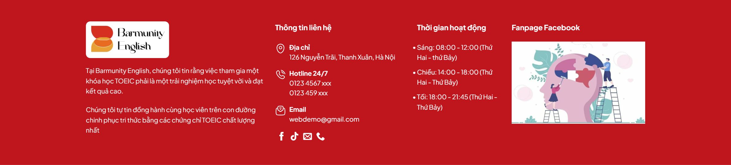 Khối thông tin liên hệ trên theme WordPress trung tâm học tiếng Anh
